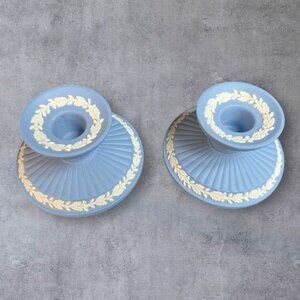 Wedgwood Blue Jasperware Oak Leaf & Acorn Candlestick Holders – Pair